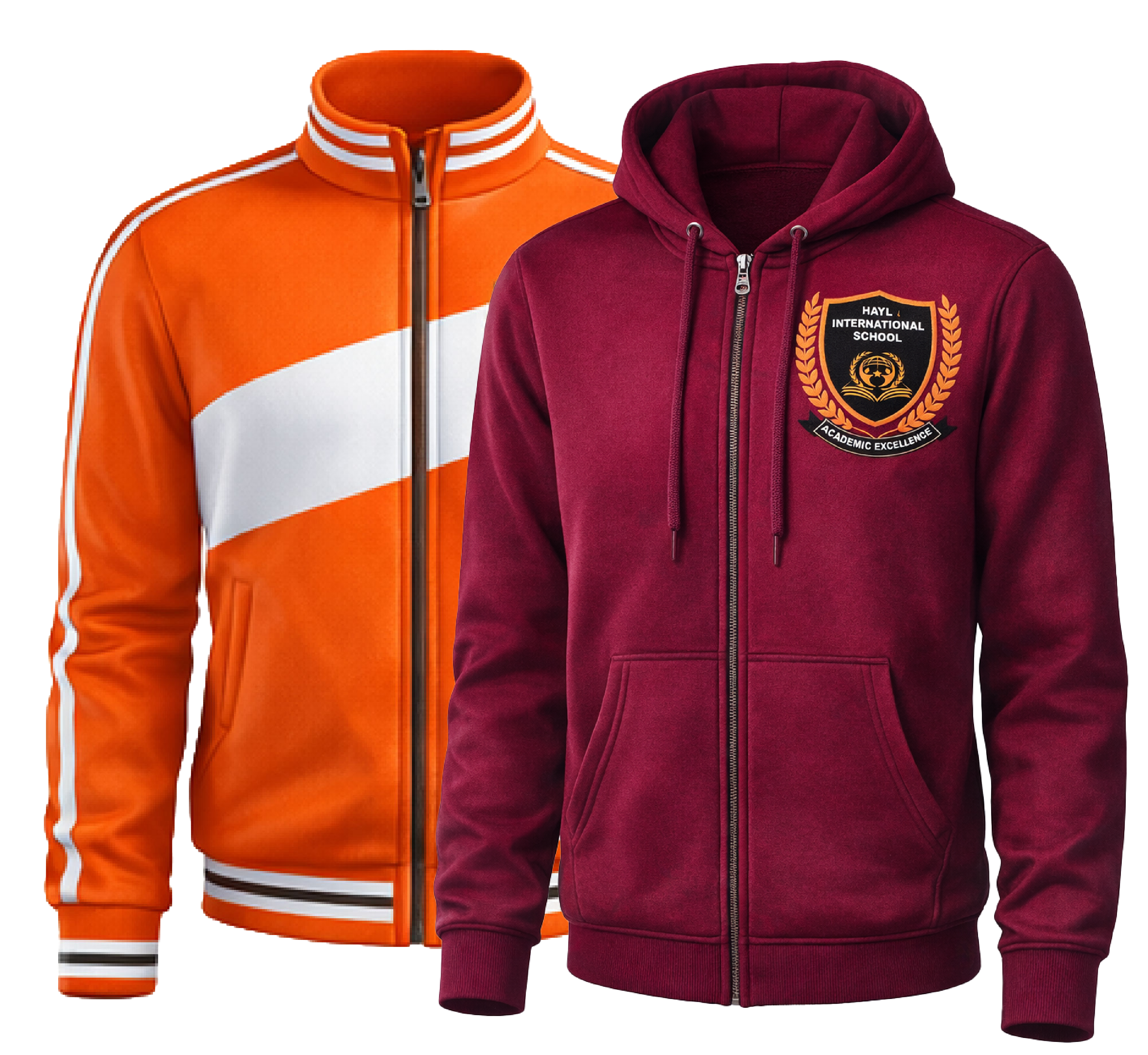 Hayl school uniform jackets in maroon and orange